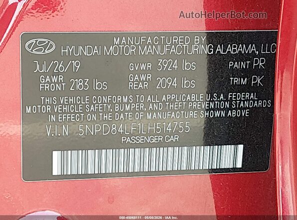 5NPD84LF1LH514755 2020 HYUNDAI ELANTRA Red Widok komory silnika
