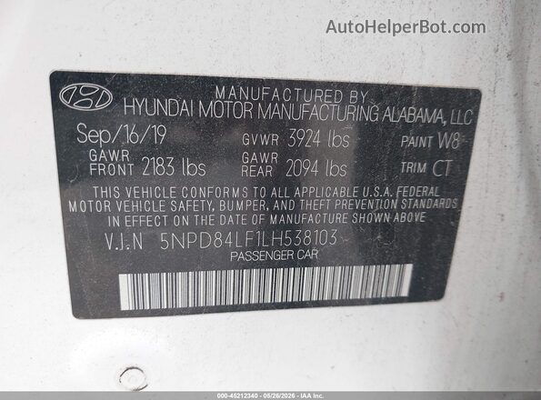 5NPD84LF1LH538103 2020 HYUNDAI ELANTRA White Widok komory silnika