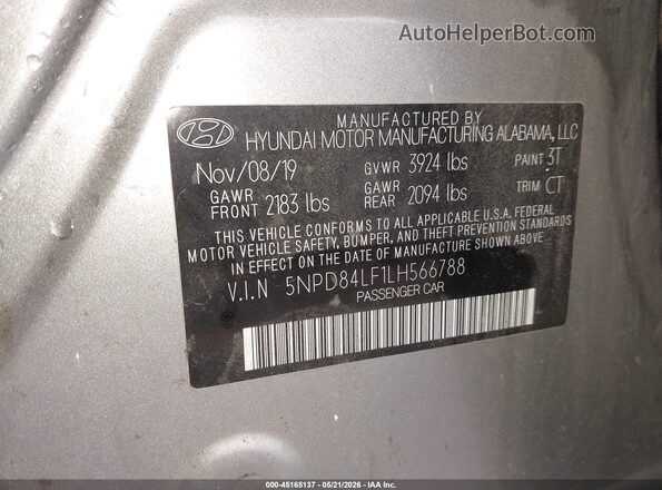 5NPD84LF1LH566788 2020 HYUNDAI ELANTRA Silver Շարժիչի բաժամունքի տեսք