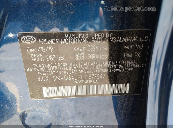 5NPD84LF1LH577547 2020 HYUNDAI ELANTRA Blue Engine compartment view