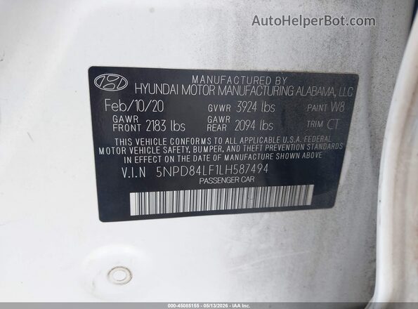 5NPD84LF1LH587494 2020 HYUNDAI ELANTRA Белый Вид подкапотного пространства