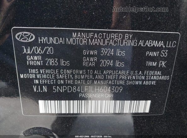 5NPD84LF1LH604309 2020 HYUNDAI ELANTRA Black Widok komory silnika