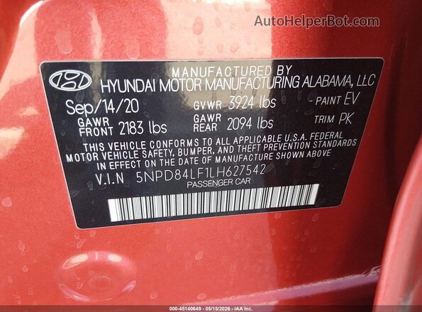 5NPD84LF1LH627542 2020 HYUNDAI ELANTRA Red Engine compartment view