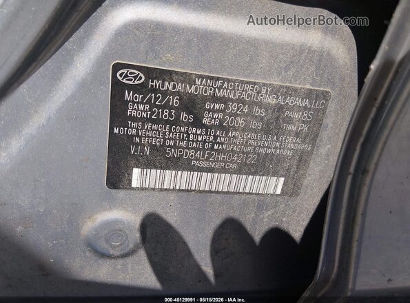 5NPD84LF2HH042122 2017 HYUNDAI ELANTRA Серый Вид подкапотного пространства