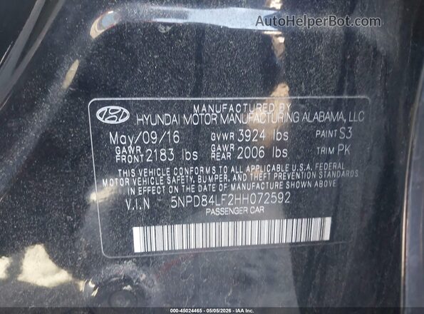 5NPD84LF2HH072592 2017 HYUNDAI ELANTRA Black 