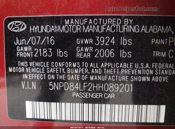 5NPD84LF2HH089201 2017 HYUNDAI ELANTRA Red Vista del compartimento del motor