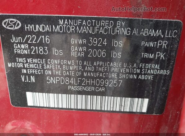 5NPD84LF2HH099257 2017 HYUNDAI ELANTRA Red Շարժիչի բաժամունքի տեսք