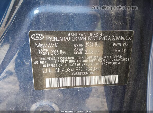 5NPD84LF2JH234064 2018 HYUNDAI ELANTRA Blue Շարժիչի բաժամունքի տեսք