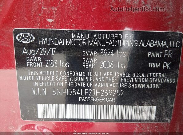 5NPD84LF2JH269252 2018 HYUNDAI ELANTRA Red Vista del compartimento del motor