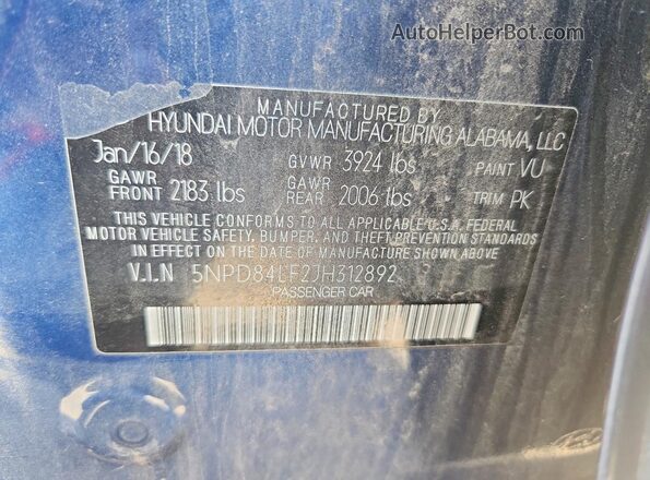 5NPD84LF2JH312892 2018 HYUNDAI ELANTRA Blue 