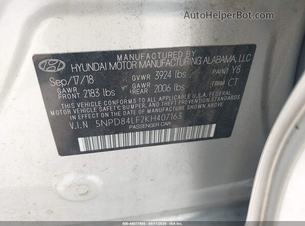 5NPD84LF2KH407163 2019 HYUNDAI ELANTRA Silver Շարժիչի բաժամունքի տեսք