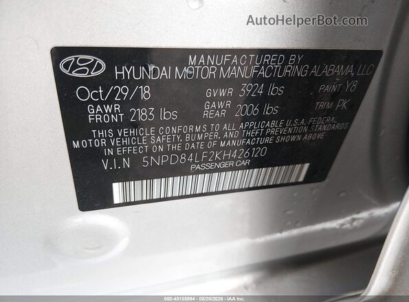 5NPD84LF2KH426120 2019 HYUNDAI ELANTRA Silver 