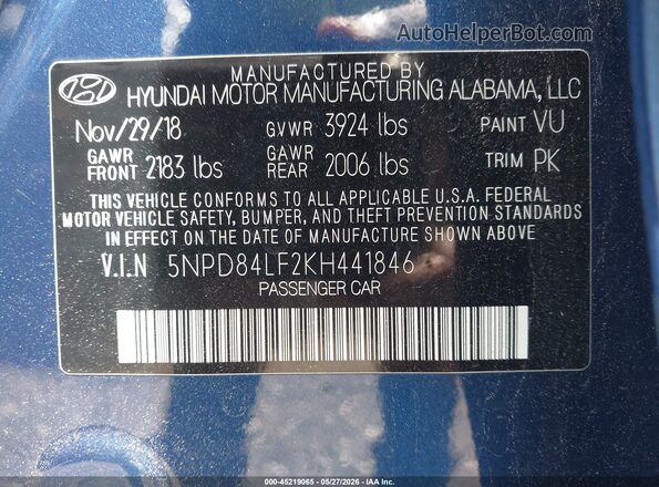 5NPD84LF2KH441846 2019 HYUNDAI ELANTRA Dark Blue Engine compartment view