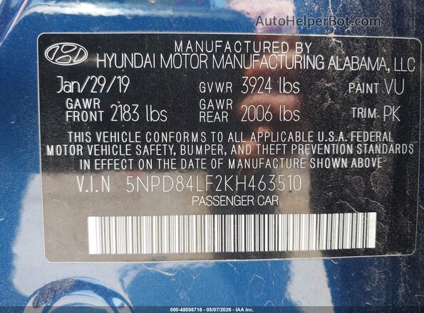 5NPD84LF2KH463510 2019 HYUNDAI ELANTRA Blue Շարժիչի բաժամունքի տեսք