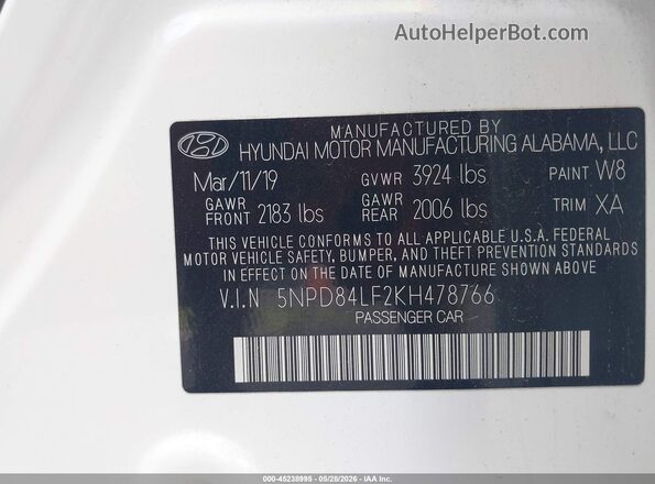 5NPD84LF2KH478766 2019 HYUNDAI ELANTRA White 
