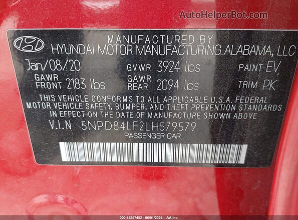 5NPD84LF2LH579579 2020 HYUNDAI ELANTRA Red Вид підкапотного простору