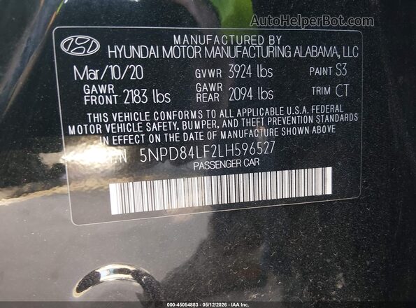 5NPD84LF2LH596527 2020 HYUNDAI ELANTRA Black ძრავის განყოფილების ხედი