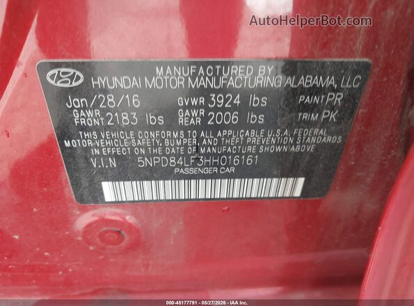 5NPD84LF3HH016161 2017 HYUNDAI ELANTRA Red Շարժիչի բաժամունքի տեսք