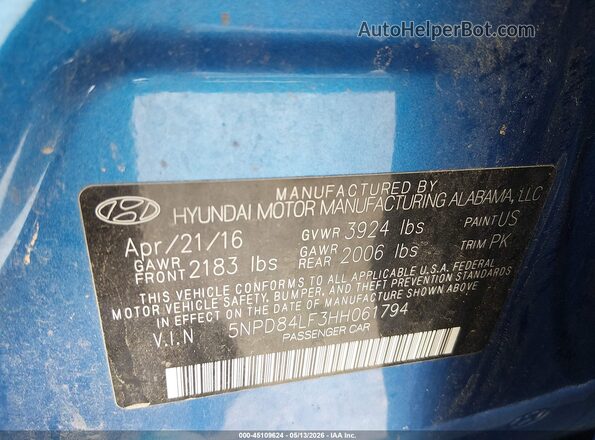 5NPD84LF3HH061794 2017 HYUNDAI ELANTRA Blue Vista del compartimento del motor