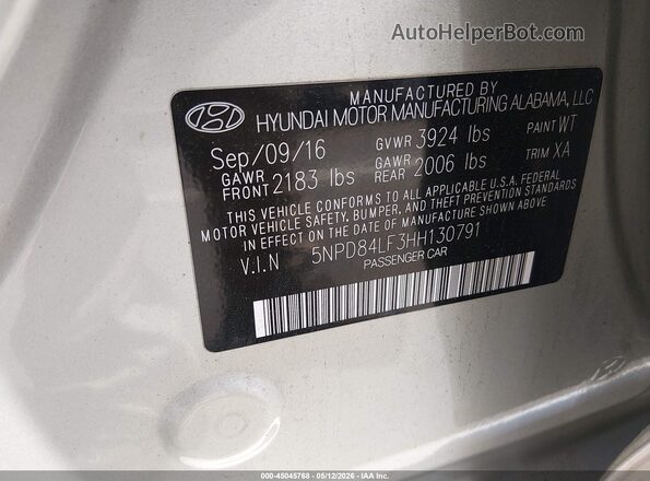 5NPD84LF3HH130791 2017 HYUNDAI ELANTRA Beige ძრავის განყოფილების ხედი