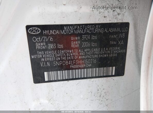 5NPD84LF3HH150216 2017 HYUNDAI ELANTRA White Vista del compartimento del motor