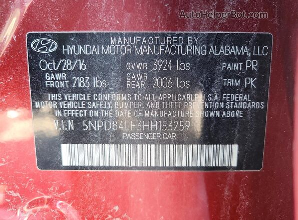 5NPD84LF3HH153259 2017 HYUNDAI ELANTRA Темно-бордовый Вид подкапотного пространства