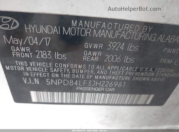 5NPD84LF3JH226961 2018 HYUNDAI ELANTRA White Engine compartment view