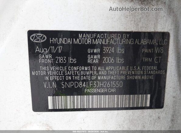 5NPD84LF3JH261550 2018 HYUNDAI ELANTRA White Vista del compartimento del motor