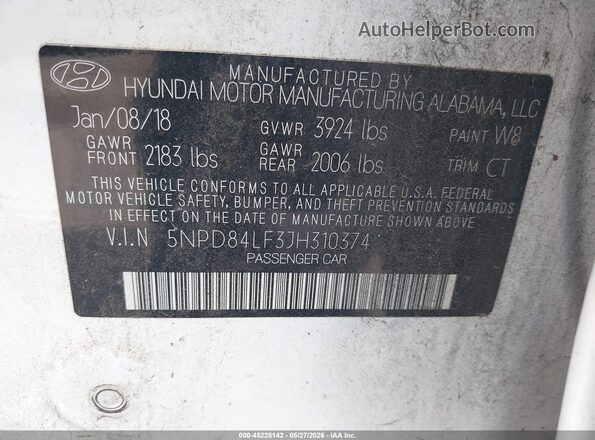 5NPD84LF3JH310374 2018 HYUNDAI ELANTRA Белый Вид подкапотного пространства