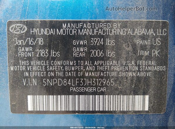 5NPD84LF3JH312965 2018 HYUNDAI ELANTRA Blue Engine compartment view