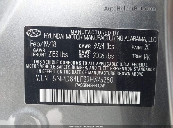 5NPD84LF3JH325280 2018 HYUNDAI ELANTRA Gray 