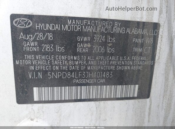 5NPD84LF3JH401483 2018 HYUNDAI ELANTRA White Widok komory silnika