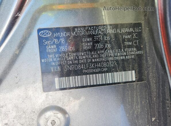 5NPD84LF3KH408032 2019 HYUNDAI ELANTRA Gray 