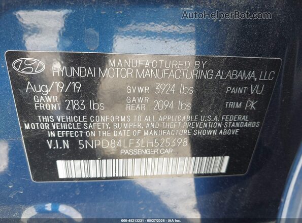 5NPD84LF3LH525398 2020 HYUNDAI ELANTRA Blue 