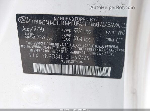 5NPD84LF3LH617465 2020 HYUNDAI ELANTRA White 