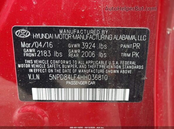 5NPD84LF4HH036810 2017 HYUNDAI ELANTRA Red Vista del compartimento del motor