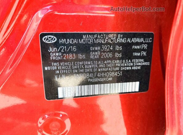5NPD84LF4HH098451 2017 HYUNDAI ELANTRA Red Вид наклейки з VIN-кодом