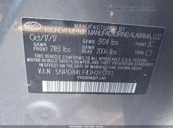 5NPD84LF4JH285792 2018 HYUNDAI ELANTRA Gray Widok komory silnika