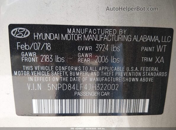 5NPD84LF4JH322002 2018 HYUNDAI ELANTRA Cream Vista del compartimento del motor