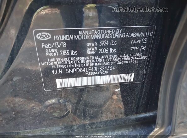 5NPD84LF4JH324364 2018 HYUNDAI ELANTRA Black ძრავის განყოფილების ხედი