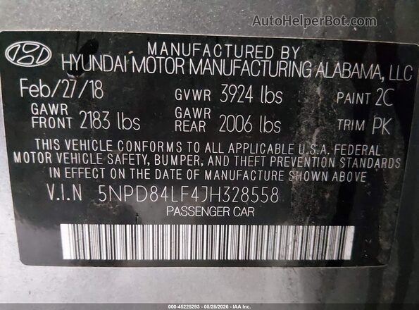 5NPD84LF4JH328558 2018 HYUNDAI ELANTRA Gray ძრავის განყოფილების ხედი