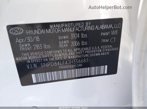 5NPD84LF4JH356683 2018 HYUNDAI ELANTRA White 
