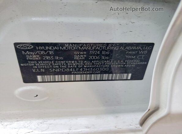 5NPD84LF4JH360300 2018 HYUNDAI ELANTRA White 