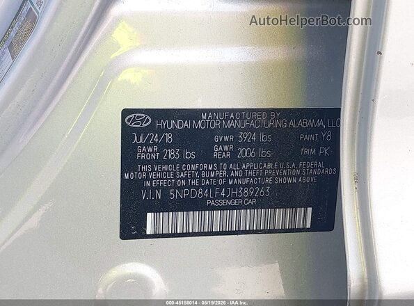 5NPD84LF4JH389263 2018 HYUNDAI ELANTRA Silver 