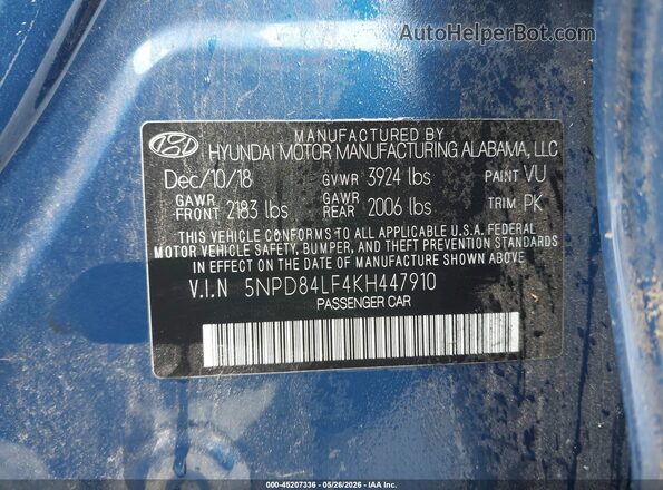 5NPD84LF4KH447910 2019 HYUNDAI ELANTRA Blue ძრავის განყოფილების ხედი