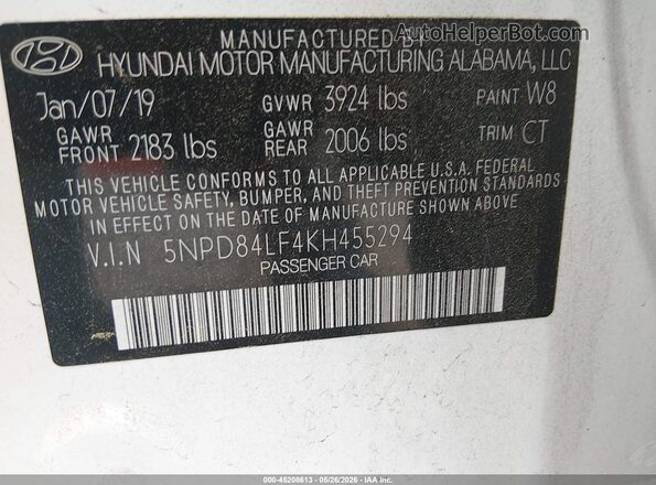 5NPD84LF4KH455294 2019 HYUNDAI ELANTRA White 