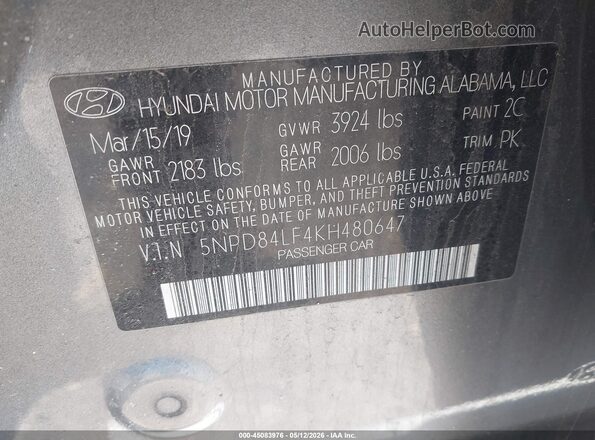 5NPD84LF4KH480647 2019 HYUNDAI ELANTRA Gray 
