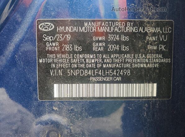 5NPD84LF4LH542498 2020 HYUNDAI ELANTRA Blue Շարժիչի բաժամունքի տեսք