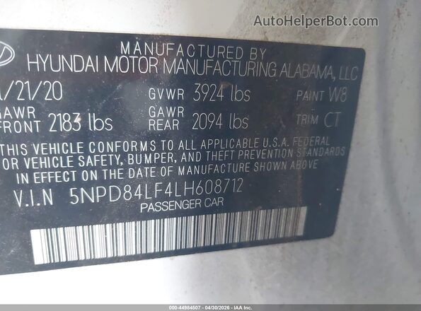 5NPD84LF4LH608712 2020 HYUNDAI ELANTRA White Շարժիչի բաժամունքի տեսք