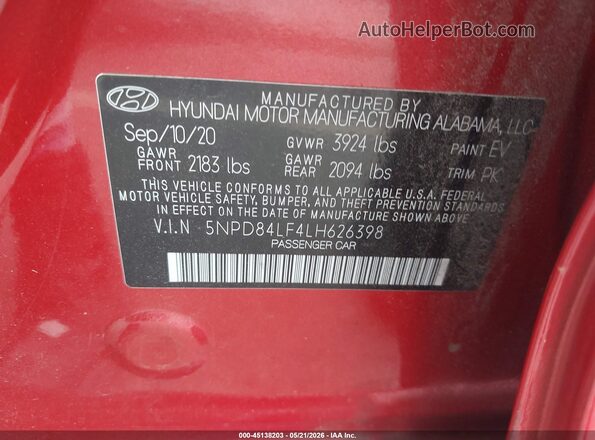 5NPD84LF4LH626398 2020 HYUNDAI ELANTRA Red 